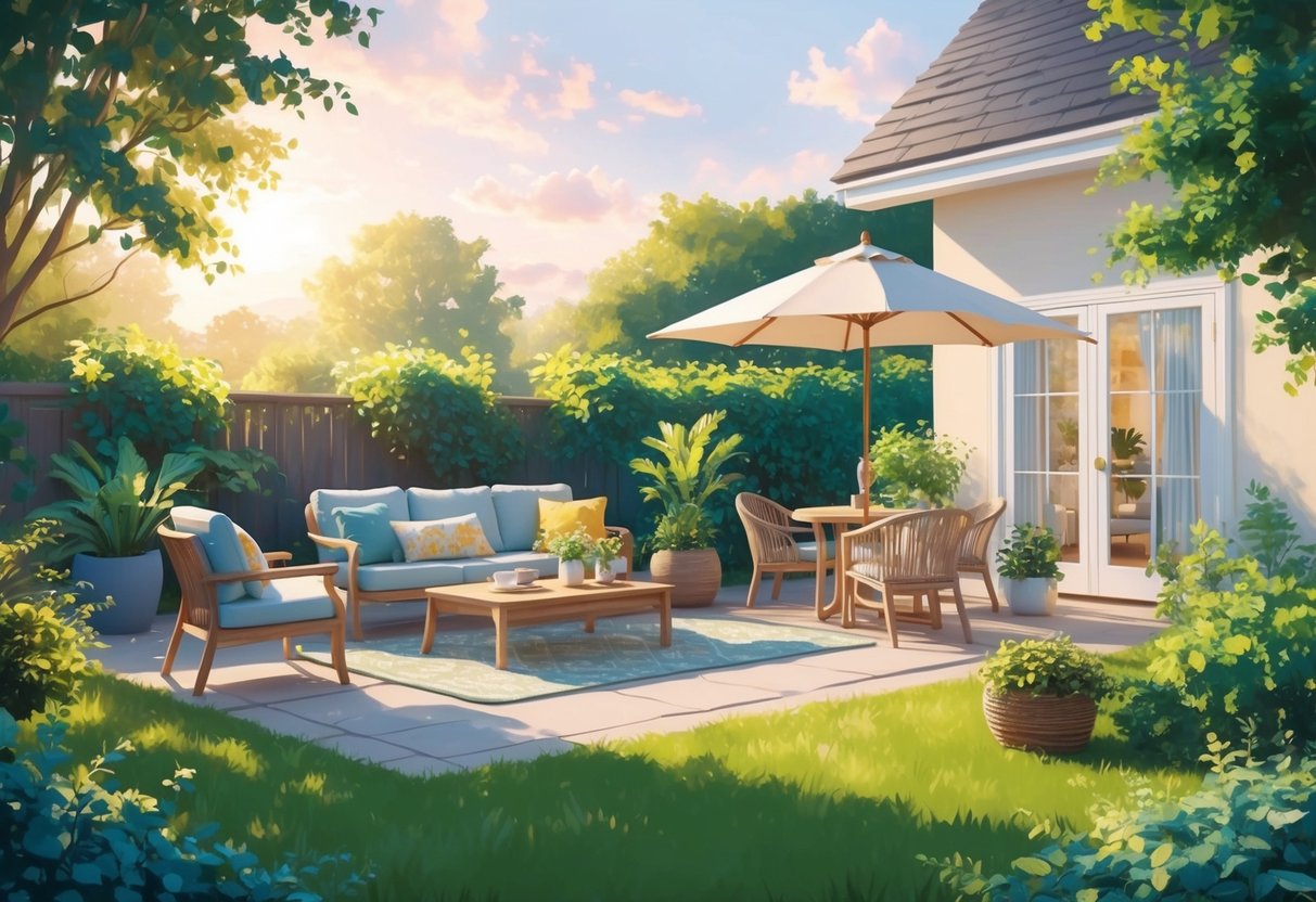 A serene, sunlit backyard with a cozy outdoor seating area surrounded by lush greenery and a peaceful atmosphere, symbolizing a work optional life in your 50s