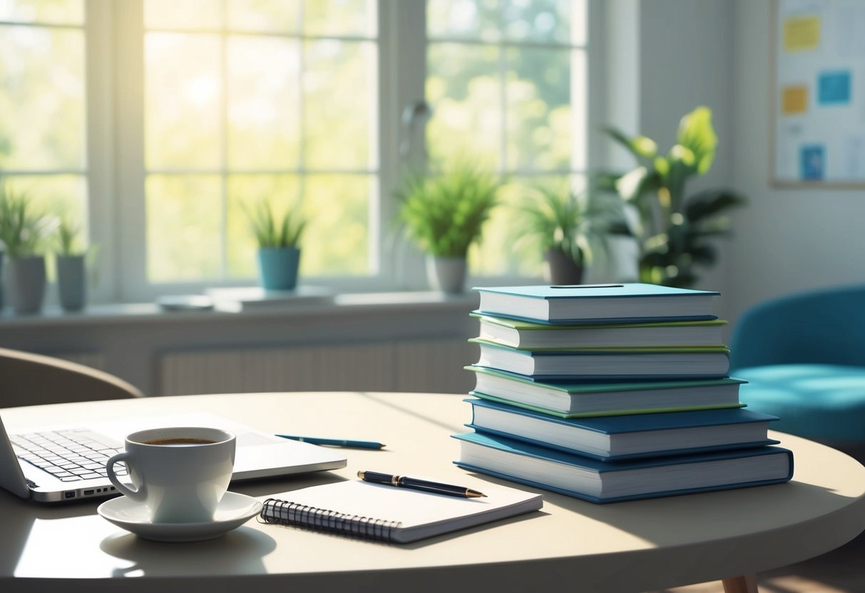 A peaceful, sunlit room with a clutter-free desk, a laptop, and a stack of financial planning books. A cup of coffee sits next to a notepad and pen