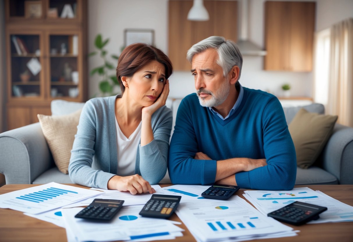 A cozy living room with a couple sitting at a table, surrounded by financial documents and calculators. The couple looks stressed and worried as they discuss their retirement plans