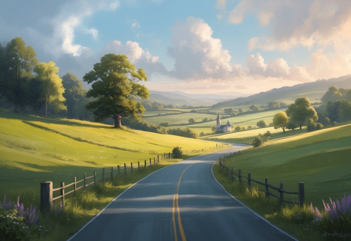 A serene countryside landscape with a winding road leading towards a peaceful and idyllic setting, surrounded by nature and tranquility