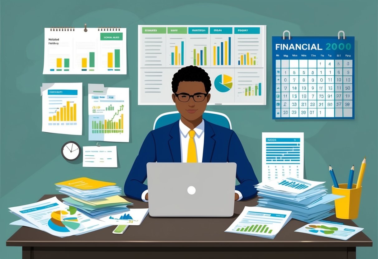 A person sitting at a desk with a laptop, surrounded by various financial documents and charts. A calendar on the wall shows different activities and events