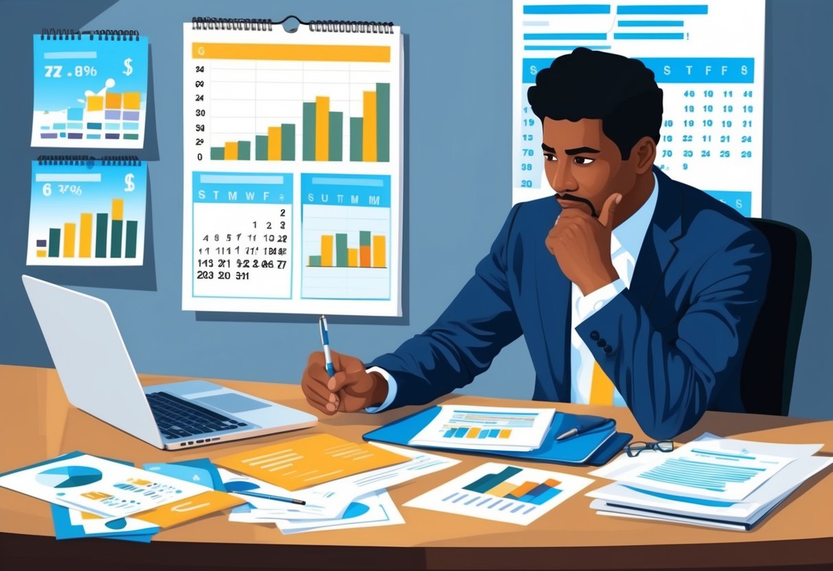A person sitting at a desk, surrounded by various documents and a laptop. The person is deep in thought, with a pen in hand, while looking at a calendar and financial charts