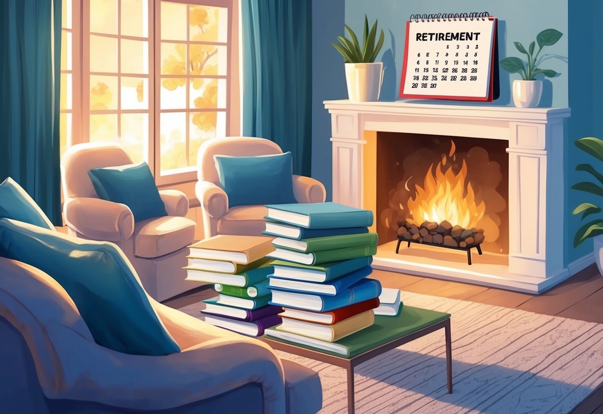 A serene, cozy living room with a crackling fireplace, a stack of financial planning books, and a calendar with the word "retirement" circled