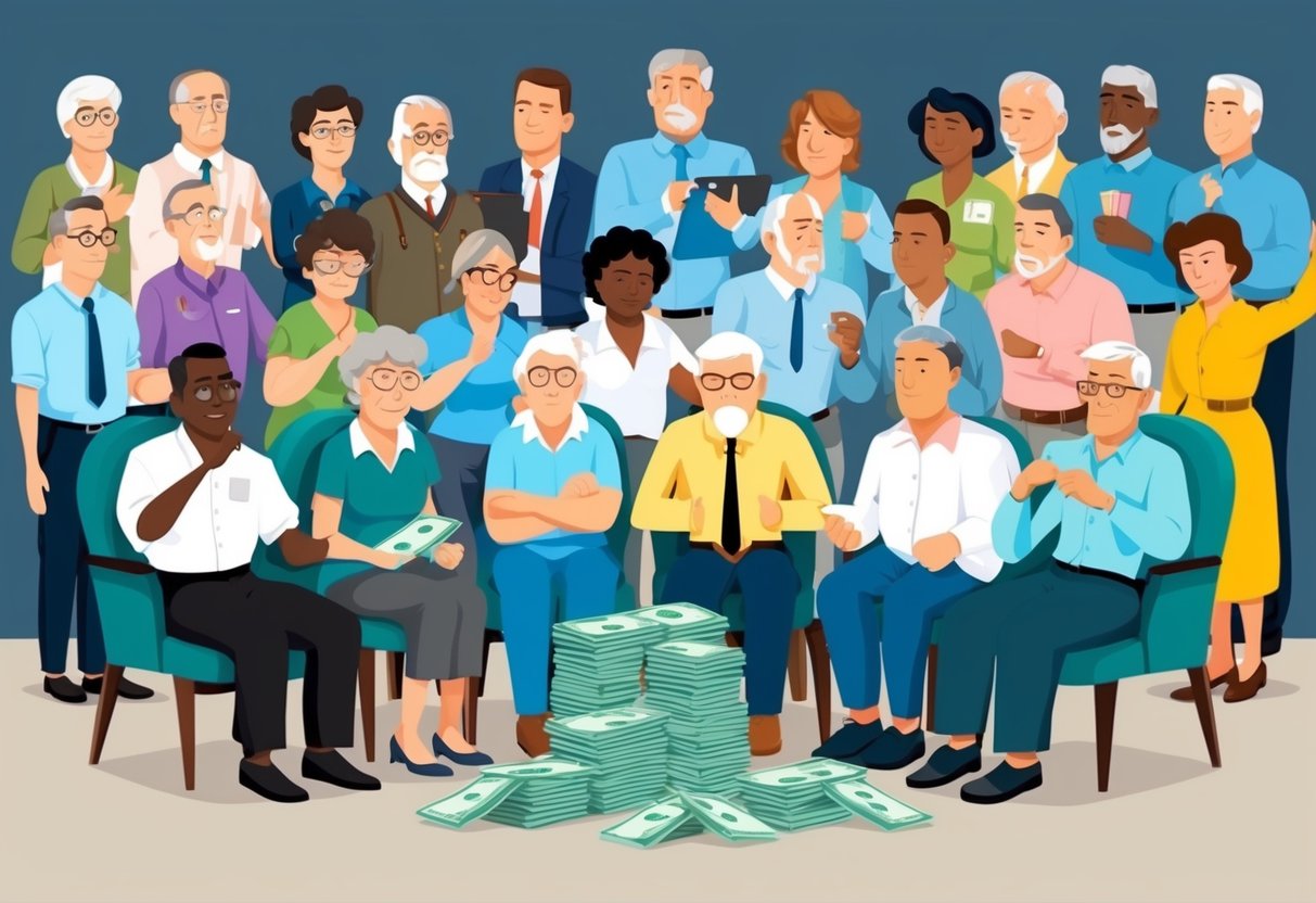 A diverse group of people with different occupations and backgrounds are shown struggling financially in retirement, while a stack of money symbolizes the importance of investments for a secure future
