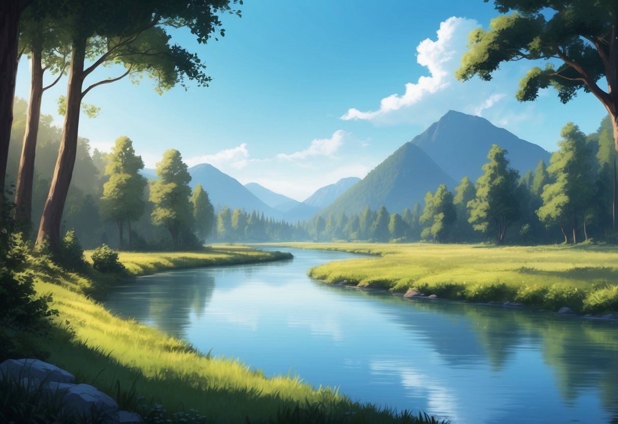 A serene and tranquil setting with a calm river flowing through a lush forest, surrounded by mountains and a clear blue sky