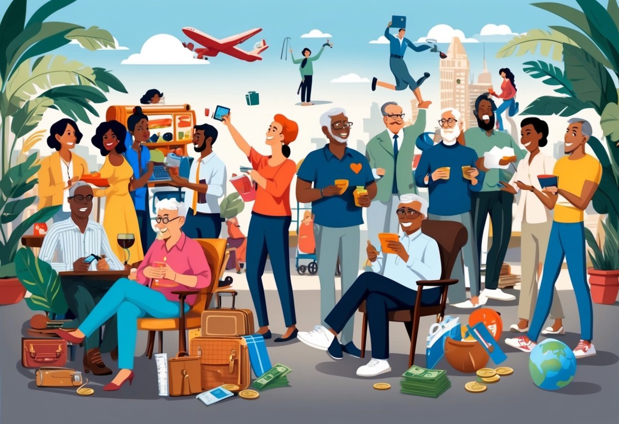 A diverse group of people of various ages and backgrounds engage in activities such as travel, hobbies, and leisure, while financial elements such as savings, investments, and retirement plans are subtly incorporated into the scene