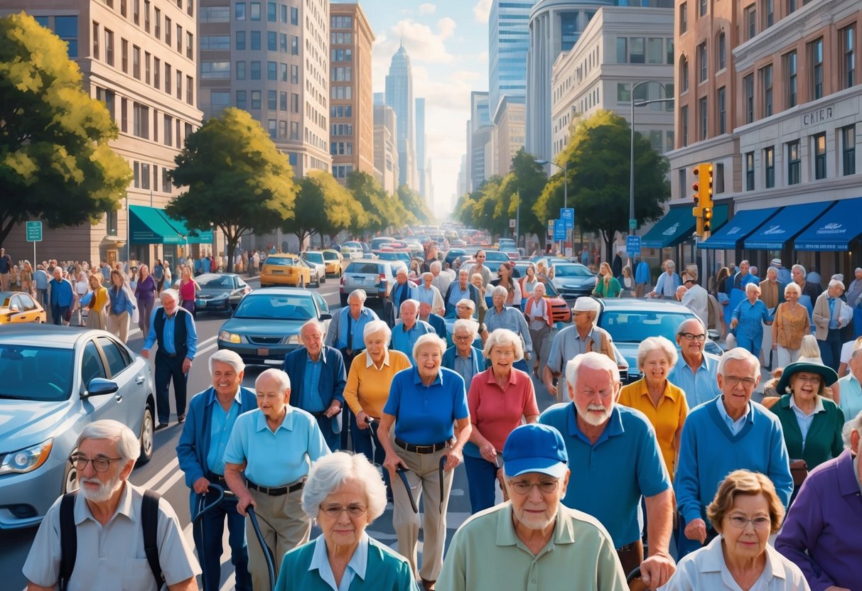 A crowded, bustling city street with older adults navigating through traffic and crowded sidewalks, with retirement homes and financial institutions in the background