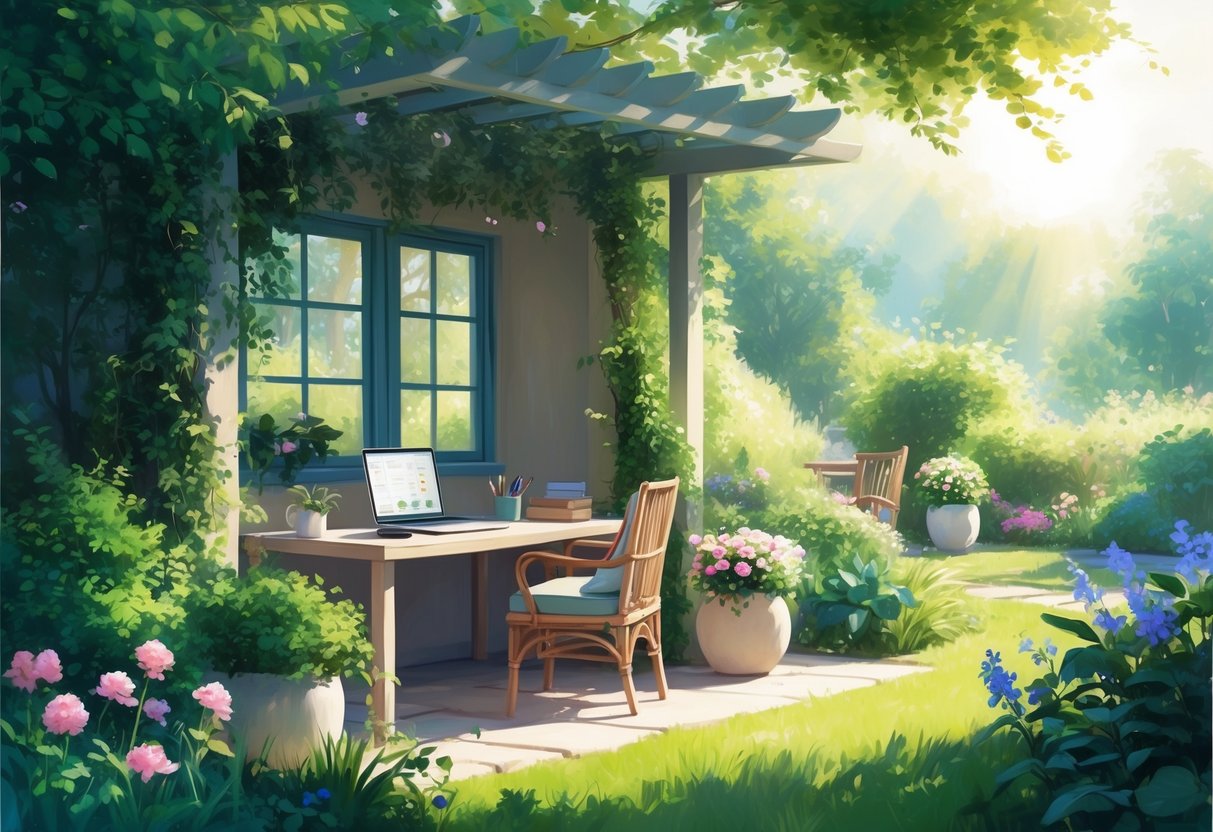 A tranquil, sunlit garden with a cozy outdoor workspace surrounded by lush greenery and blooming flowers, creating a peaceful and inspiring setting for financial planning and investment strategies