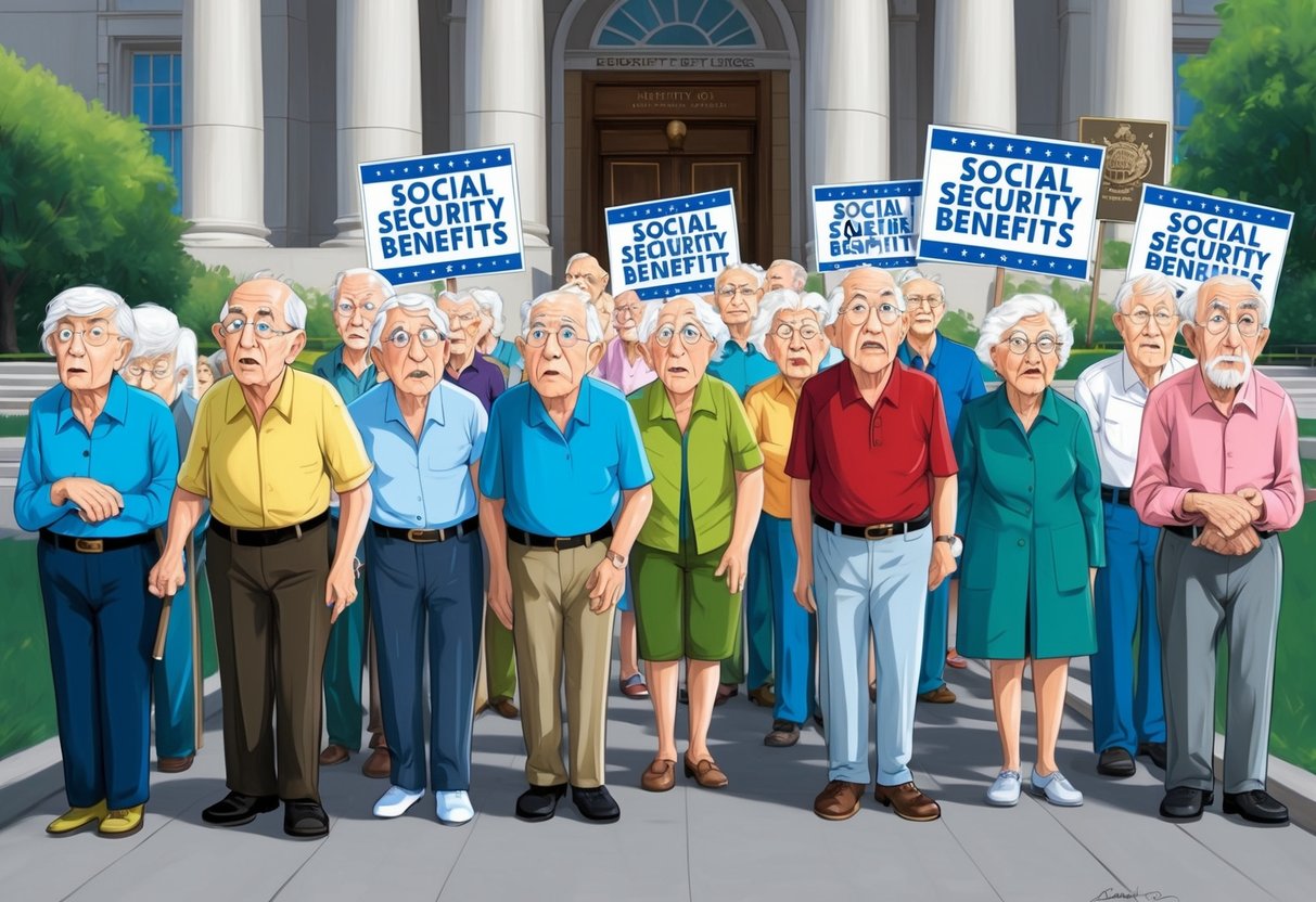 A group of elderly individuals standing in line outside a government building, with worried expressions on their faces. They are surrounded by signs and banners advocating for better social security benefits