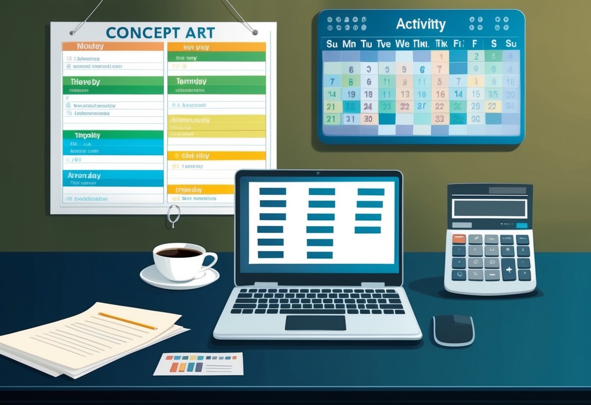 A desk with a laptop, calculator, and paperwork. A cup of coffee sits nearby. A calendar on the wall shows different activities for each day