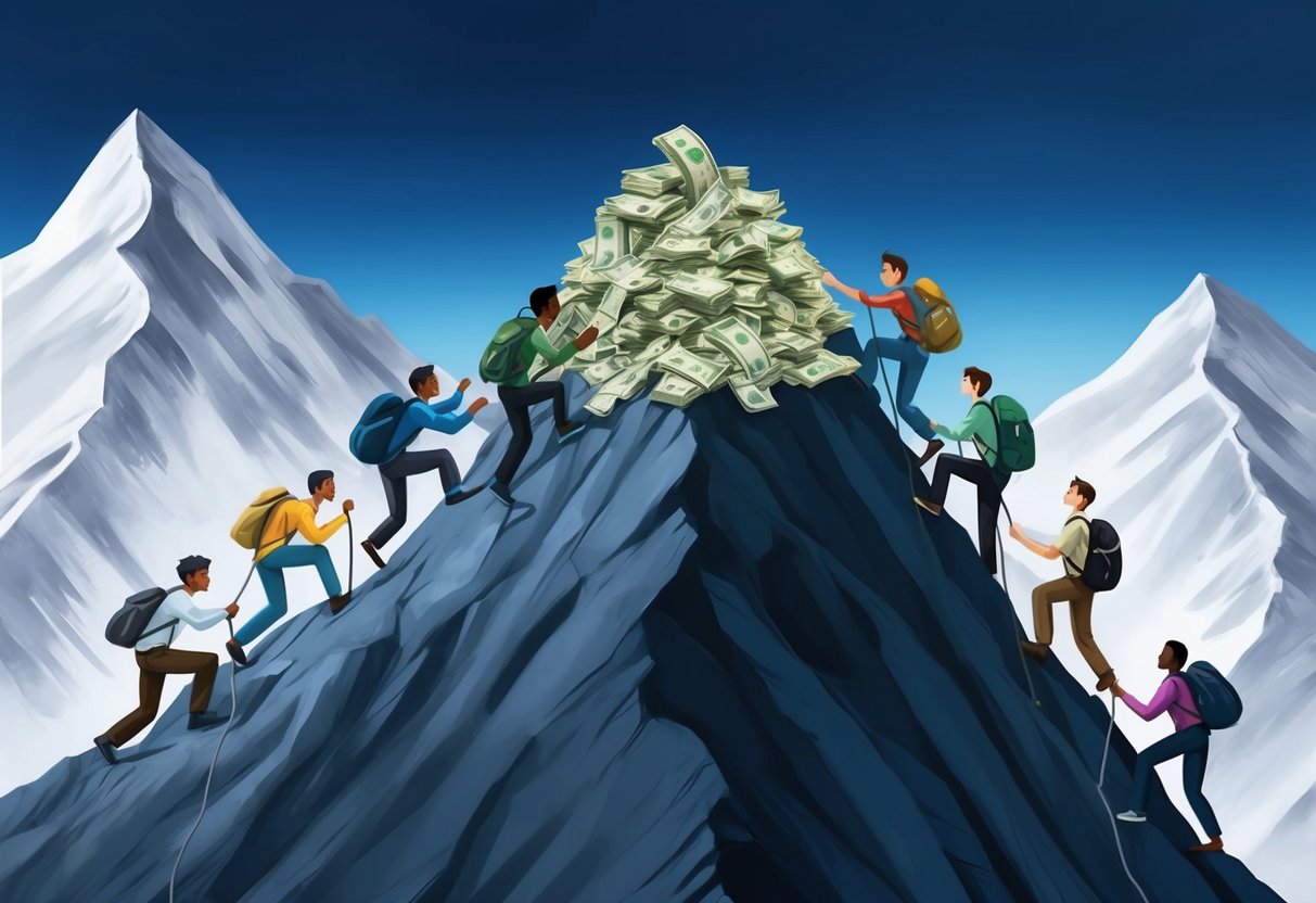 A group of diverse middle-class individuals struggle to climb a steep mountain, while a large pile of money sits at the summit, out of reach