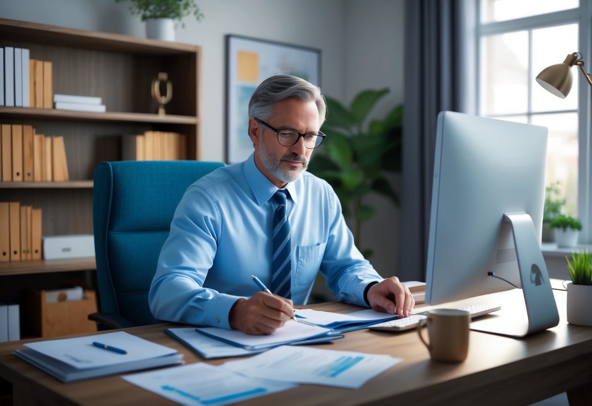 A cozy home office with a desk, computer, and bookshelf. A person in their 50s is seen reviewing financial documents and taking notes