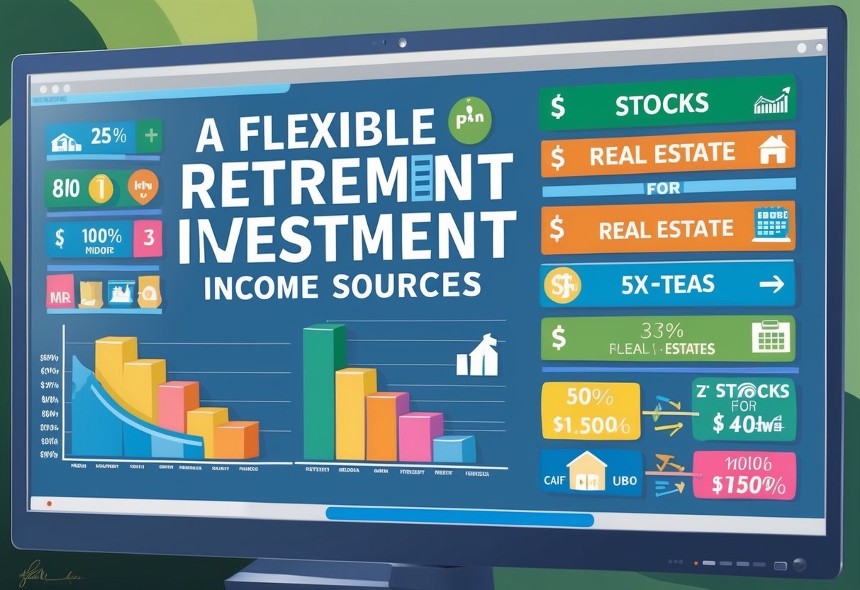 A diverse range of investment options, from stocks to real estate, displayed on a digital screen. A chart showing a flexible retirement plan with various income sources