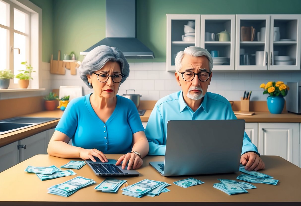 A middle-class couple sits at a kitchen table, surrounded by bills and a laptop. The husband looks stressed while the wife looks concerned, highlighting the challenges of traditional retirement in the digital age