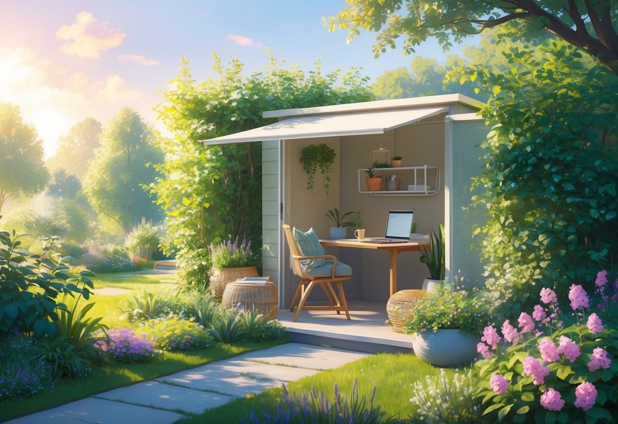 A serene, sunlit garden with a cozy outdoor workspace, surrounded by lush greenery and blooming flowers, providing a peaceful setting for future planning