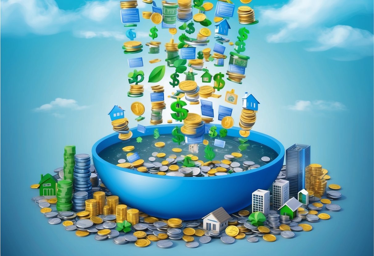 A diverse group of financial assets, such as stocks, bonds, and real estate, flowing into a central pool, symbolizing the concept of maximizing retirement income streams and creating a flexible retirement plan