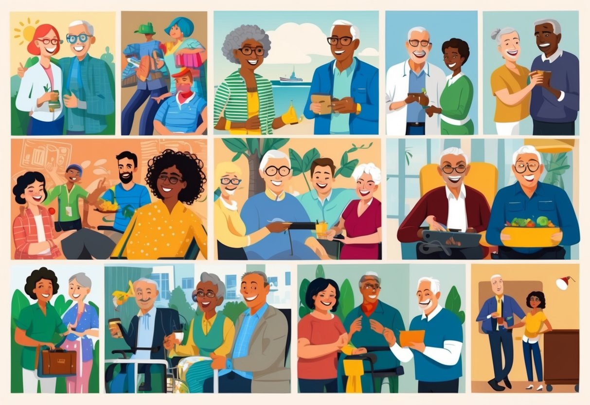 A diverse group of people of varying ages and backgrounds are engaged in various activities such as travel, hobbies, and leisurely pursuits, all while maintaining a sense of financial security and flexibility in their retirement
