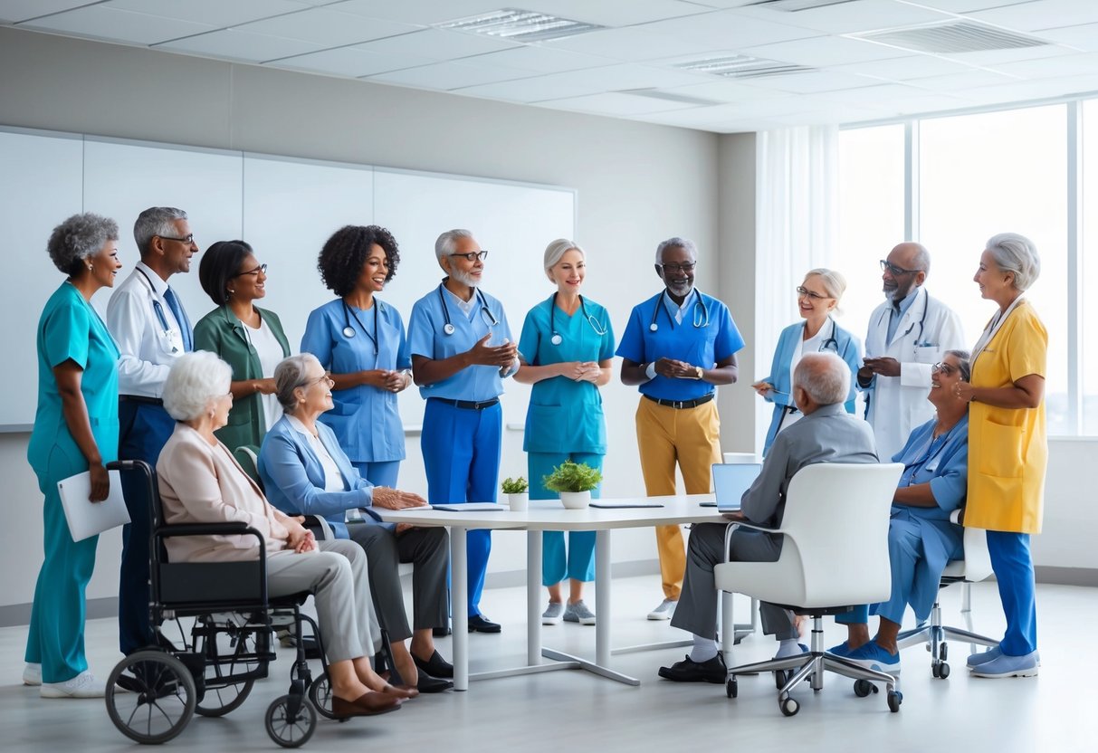 A diverse group of elderly individuals and healthcare professionals discussing retirement and long-term care options in a modern, bright conference room