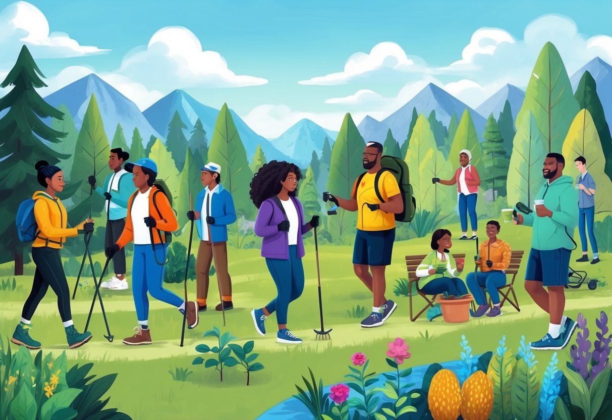 A group of diverse individuals engaging in various activities, such as hiking, gardening, and socializing in a vibrant and inclusive community setting