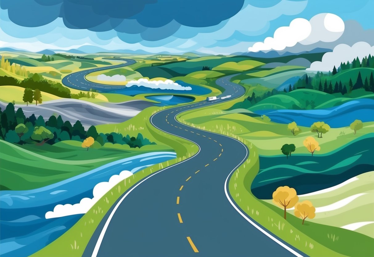 A winding road leading through various landscapes with changing scenery and weather, symbolizing the journey of adapting to life's unexpected changes in retirement planning