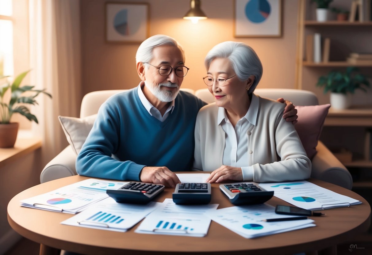 A serene elderly couple sitting at a cozy table, surrounded by financial documents and calculators. A warm, inviting atmosphere with soft lighting and comfortable seating