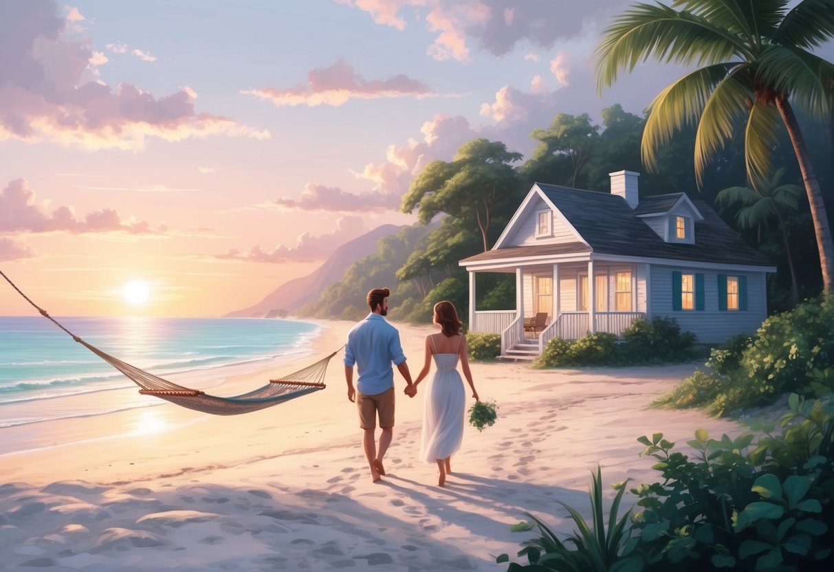 A serene beach at sunset, with a couple walking hand in hand towards a cozy beachfront cottage surrounded by lush greenery and a hammock swaying in the gentle breeze