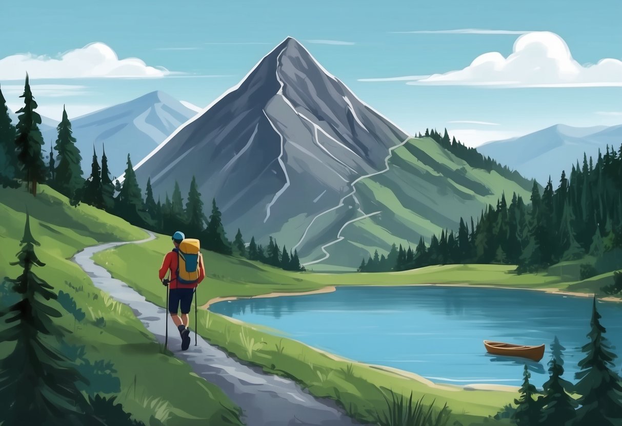 A person hiking up a steep mountain, then walking along a winding path, and finally relaxing by a calm lake surrounded by trees