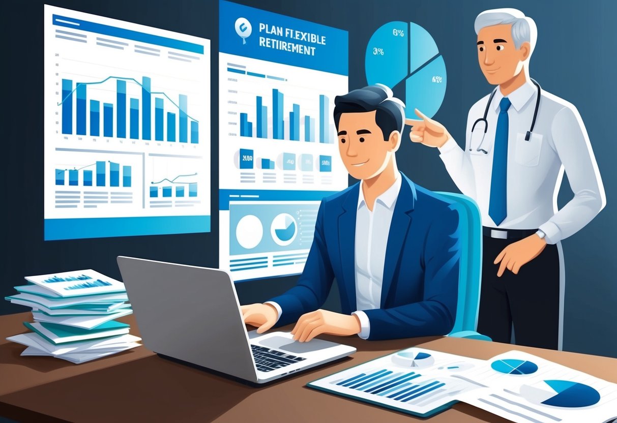 A person sitting at a desk with a laptop, surrounded by charts and graphs. A financial advisor stands nearby, pointing to a flexible retirement plan