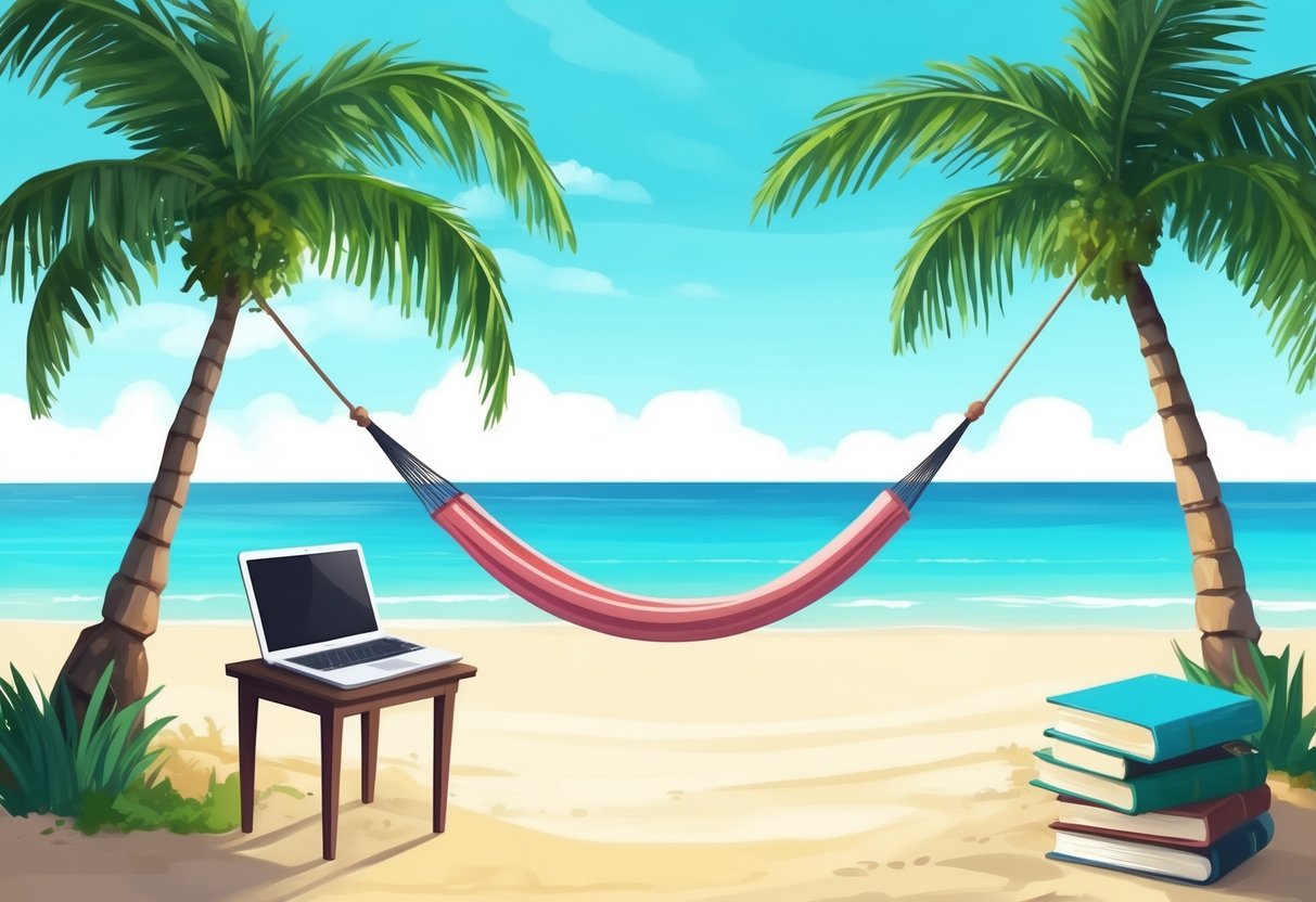 A serene beach with a hammock strung between two palm trees, a laptop on a small table, and a stack of books nearby