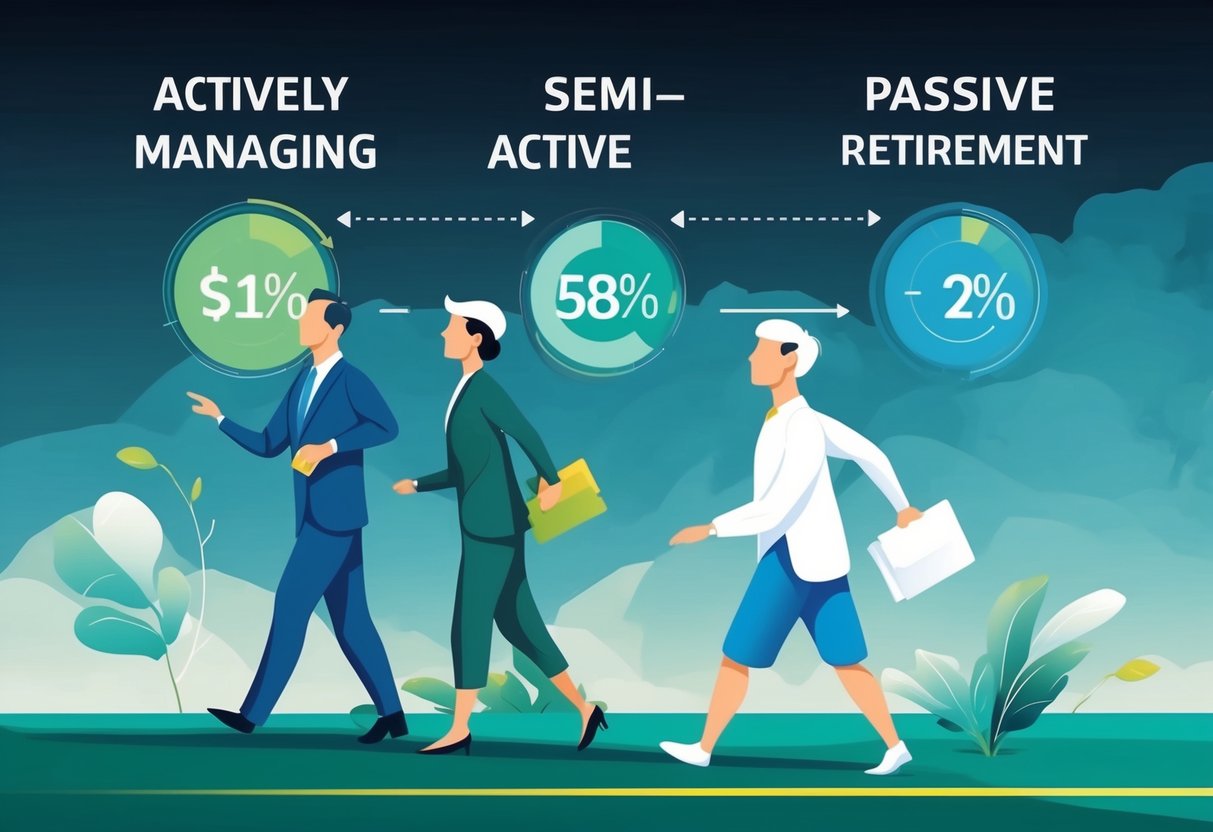 A person actively managing investments, then transitioning to semi-active management, and finally adopting a passive approach in retirement