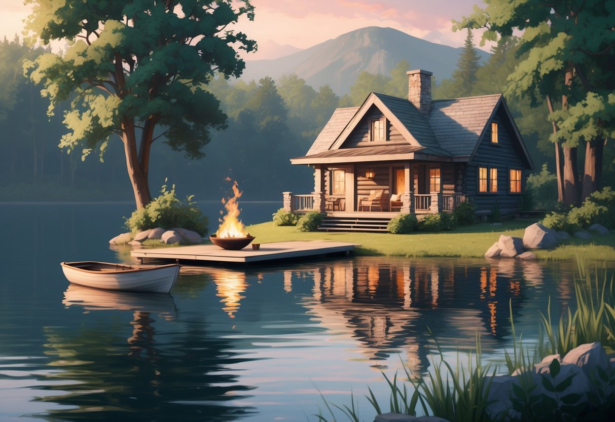 A serene lakeside cabin with a cozy fire pit, surrounded by lush greenery and a small boat docked on the calm waters