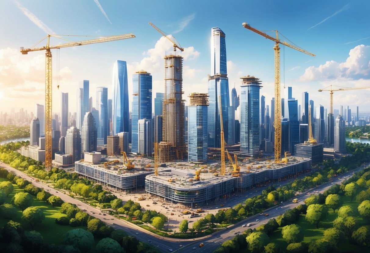 A bustling city skyline with construction cranes and workers building new skyscrapers, surrounded by vibrant green parks and bustling with activity
