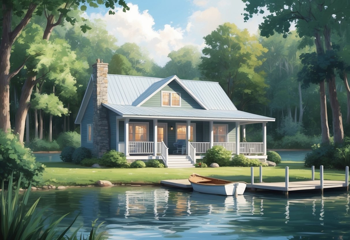 A serene lakeside cabin surrounded by lush greenery, with a cozy porch and a small boat docked by the water, representing a peaceful semi-retirement lifestyle