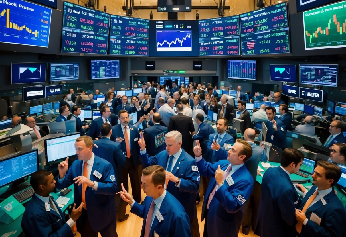 A bustling stock exchange floor with traders making quick decisions and communicating with hand signals, surrounded by screens displaying various investment strategies
