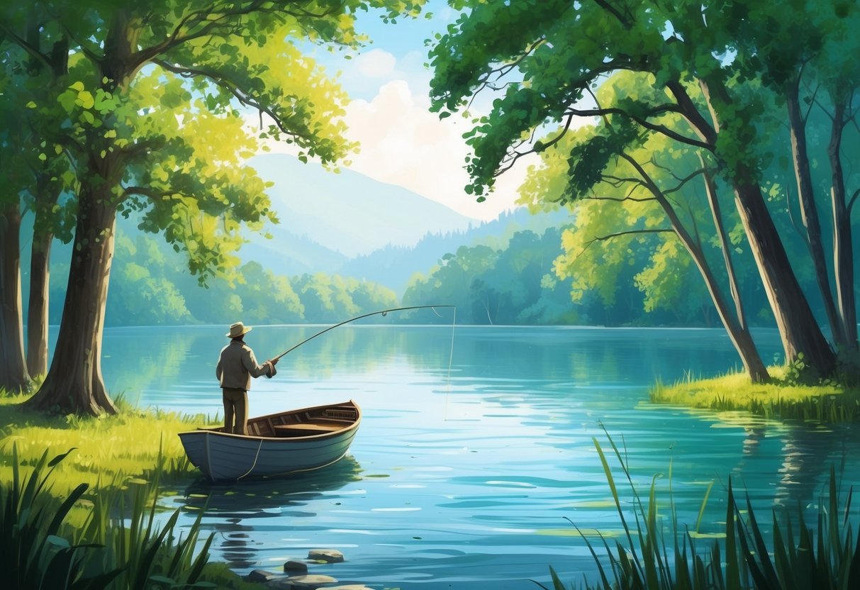 A serene lake surrounded by lush green trees, with a small boat docked on the shore and a figure casting a fishing line into the water