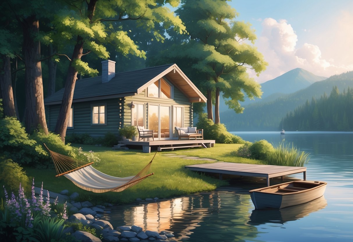 A serene lakeside cabin surrounded by lush greenery, with a cozy hammock and a small boat docked nearby, showcasing a peaceful and fulfilling semi-retirement lifestyle without the need for a million dollars
