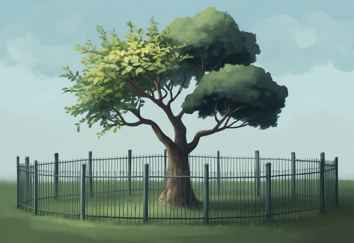 A tree with both young, growing branches and sturdy, mature ones, surrounded by a protective fence