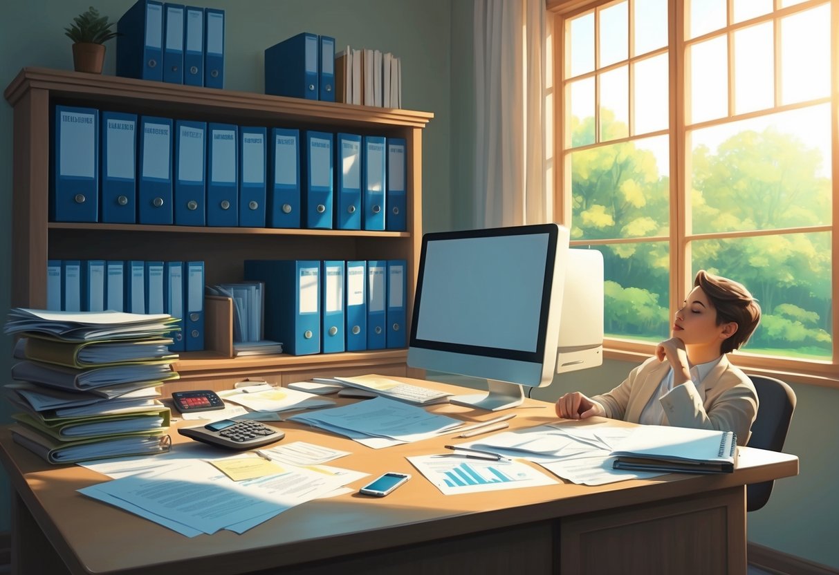 A serene, sunlit office with a desk cluttered with paperwork, a computer, and a calculator. A shelf filled with thick binders labeled "Healthcare" and "Insurance." A person in a relaxed posture, deep in thought