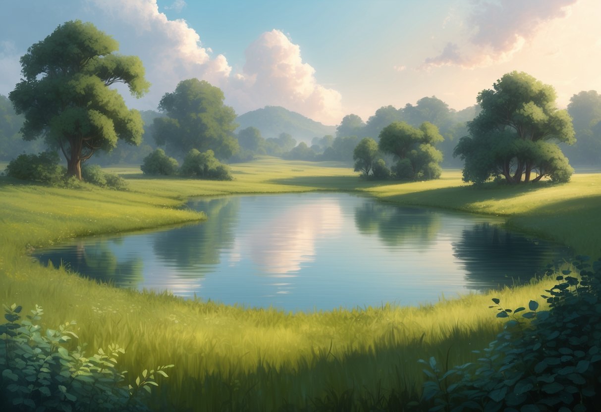 A serene landscape with a tranquil pond surrounded by lush greenery and a gentle breeze, evoking a sense of peace and stability