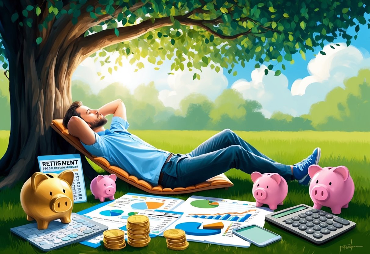 A person lounging under a shady tree, surrounded by a mix of financial charts, piggy banks, and a retirement calculator
