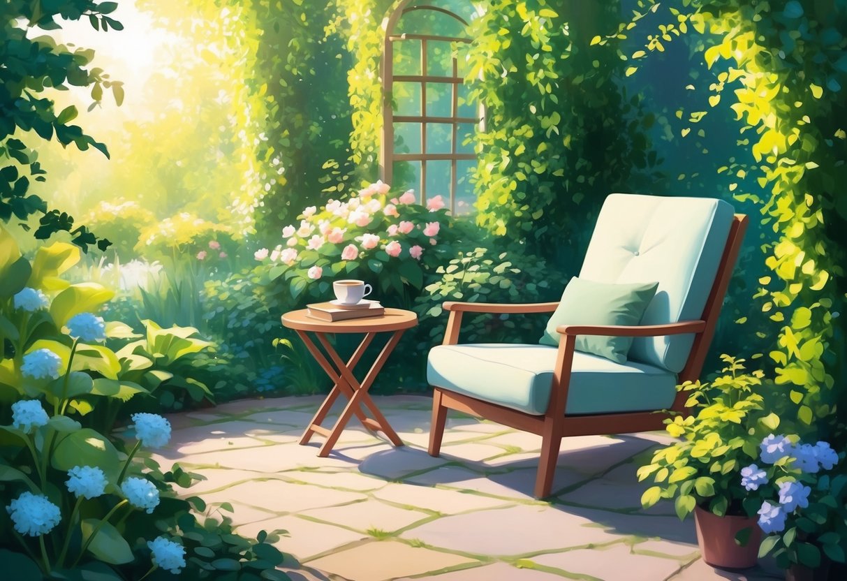 A serene, sunlit garden with a comfortable chair and a small table set with a cup of tea and a book, surrounded by lush greenery and blooming flowers