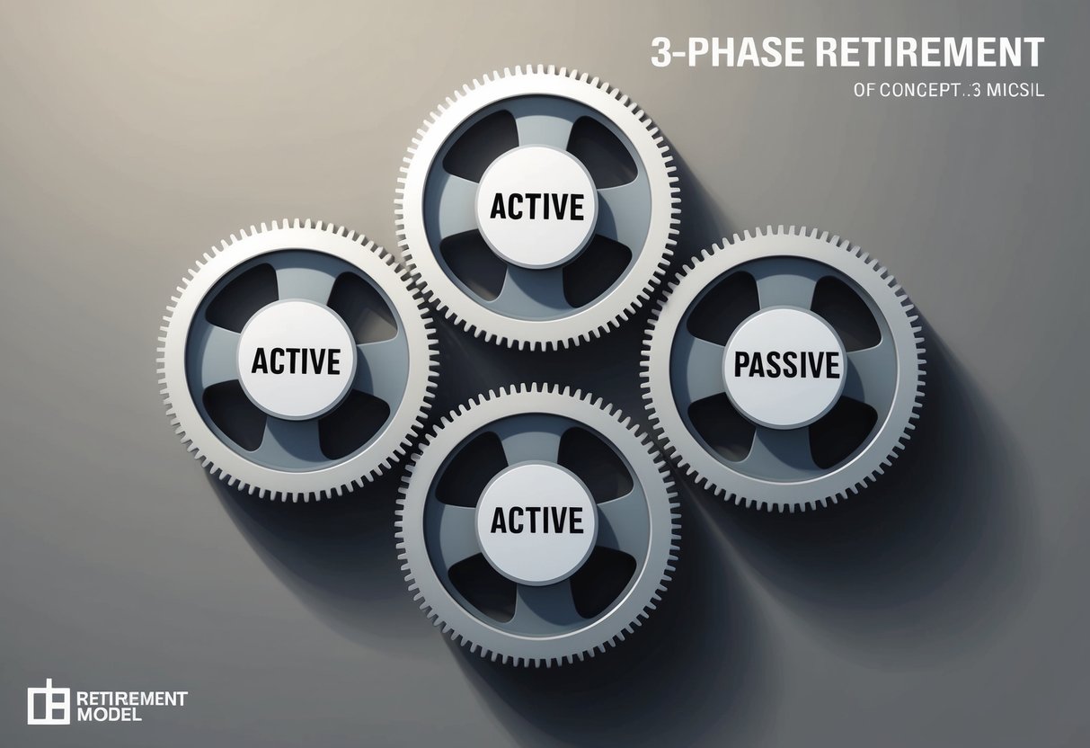 A group of three interconnected gears, each labeled with "Active," "Semi-Active," and "Passive," symbolizing the 3-phase retirement model