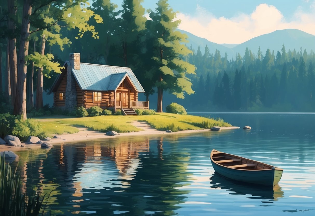 A serene lakeside with a cozy cabin, a small boat, and a peaceful forest backdrop