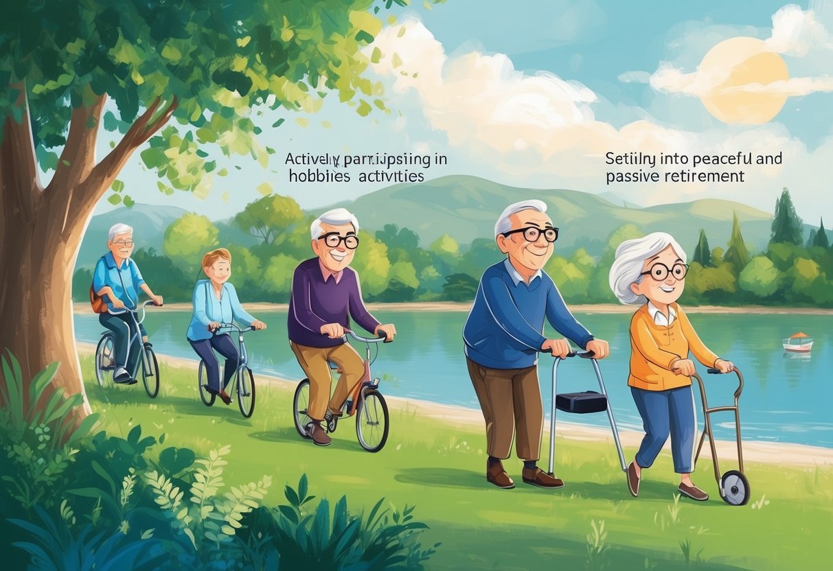 A person actively participating in hobbies and activities, transitioning to semi-active pursuits, and finally settling into a peaceful and passive retirement