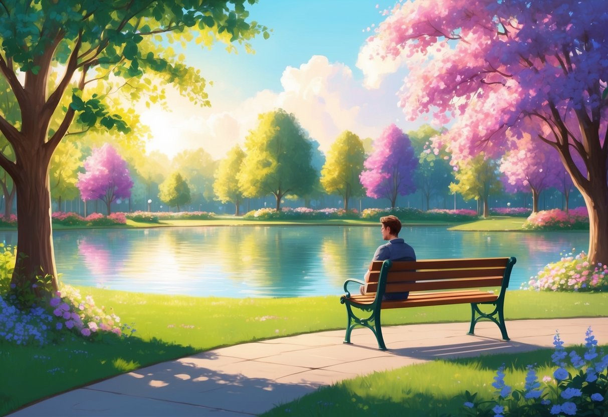 A serene, sunlit park with a bench overlooking a peaceful lake, surrounded by vibrant trees and blooming flowers. A sense of contentment and relaxation permeates the scene