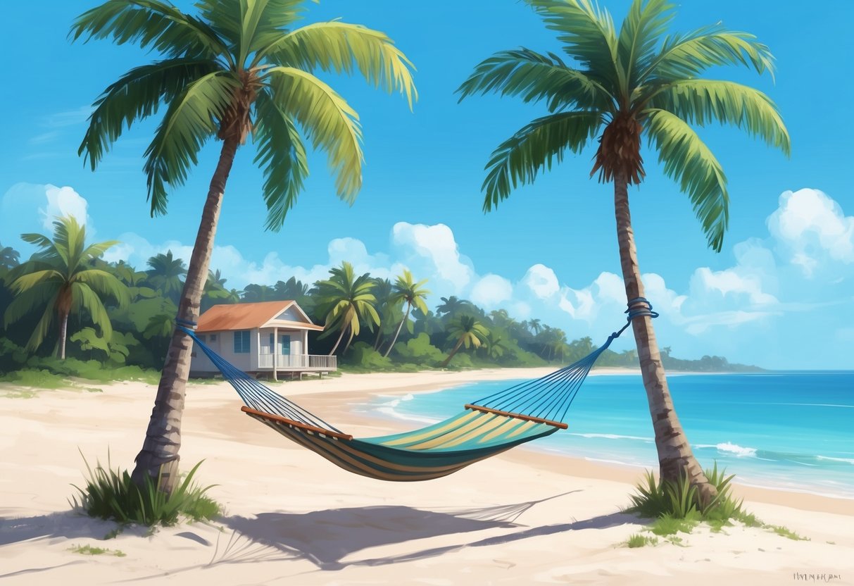 A serene beach with a hammock strung between two palm trees, a small bungalow in the background, and a clear blue sky overhead