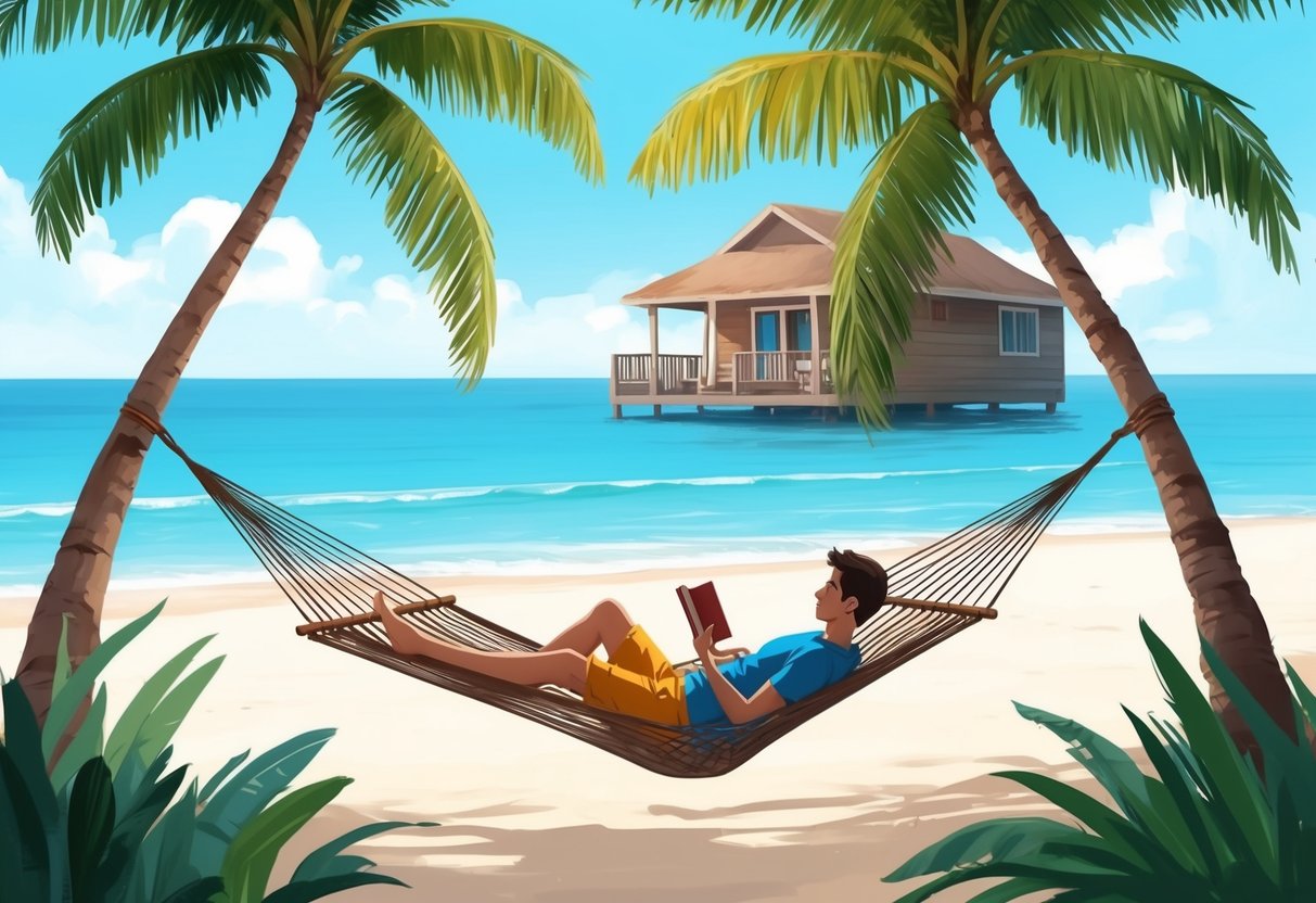A serene beach with a hammock strung between two palm trees, a small bungalow in the background, and a person relaxing with a book in hand