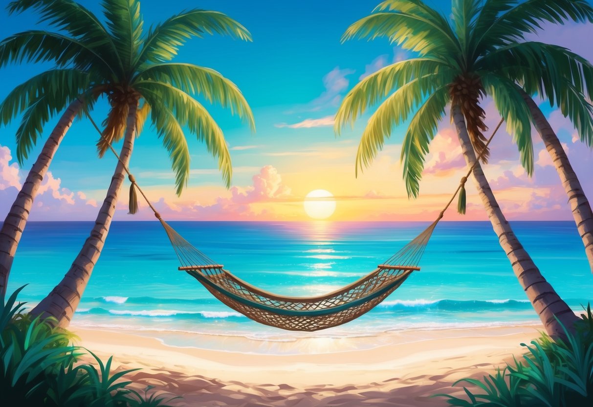 A serene beach with a hammock strung between two palm trees, overlooking a crystal-clear ocean and a vibrant sunset in the distance