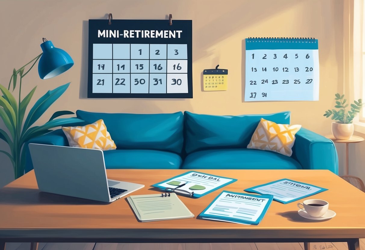 A cozy living room with a desk, laptop, and financial documents. A calendar on the wall shows a countdown to the "mini-retirement" start date