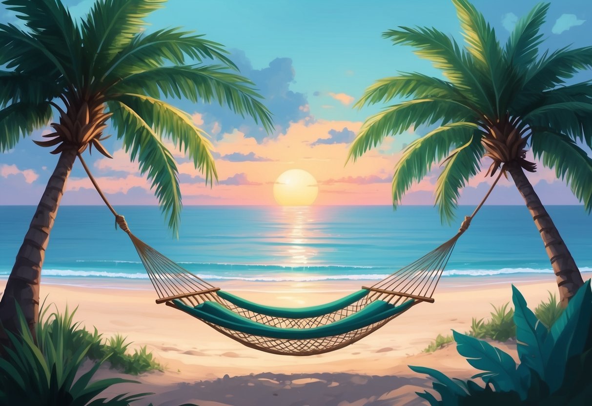 A serene beach with a hammock strung between two palm trees, overlooking a calm ocean with a vibrant sunset in the background